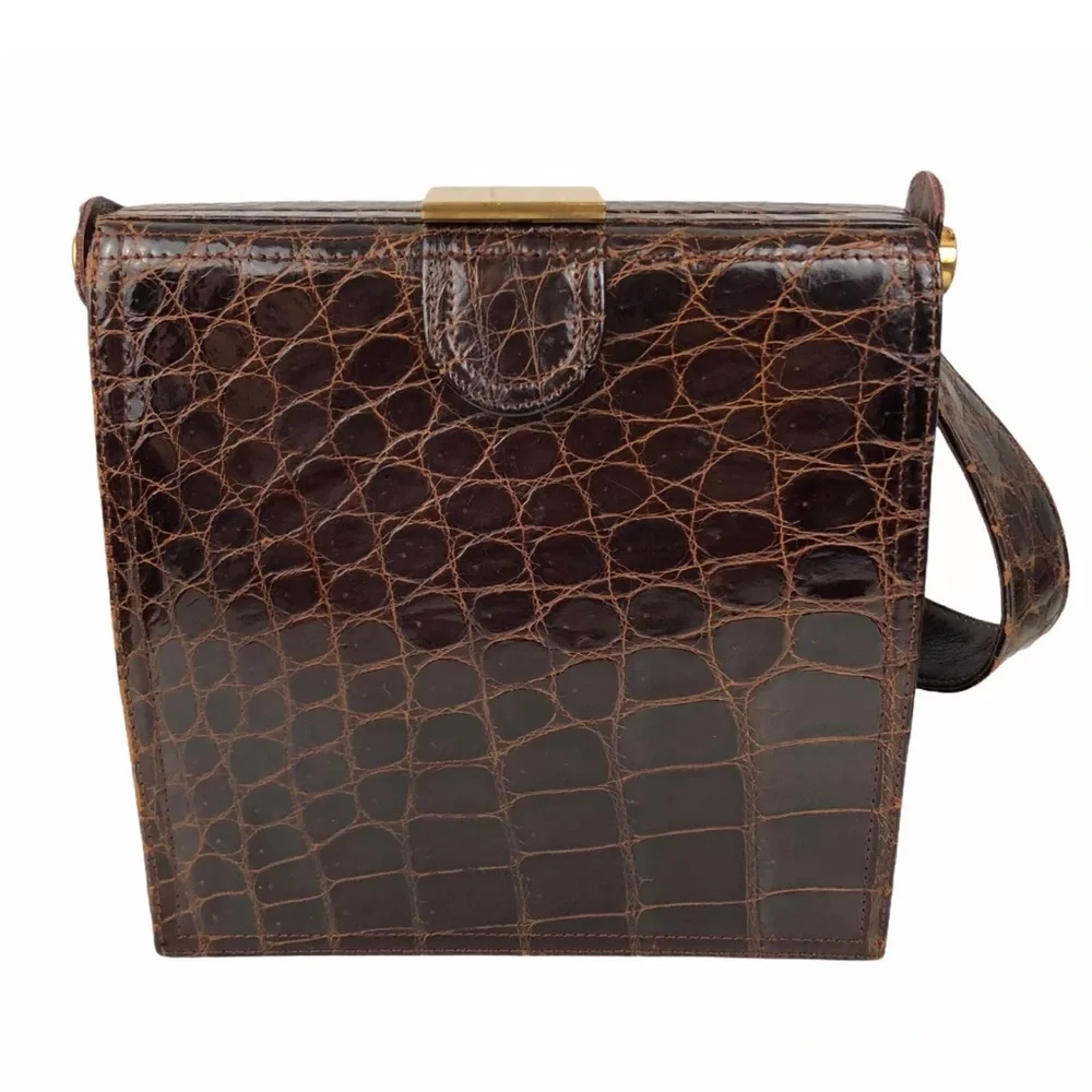 VTG Mark Cross Satchel Box Bag Brown Alligator Leather Gold Hardware Dust Bag